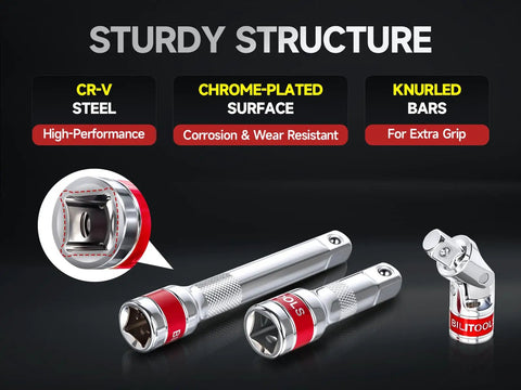 5 Piece One Half Inch Drive Socket Extension Set With Universal Joint For Tight Spaces Auto Repair And Home Improvement Premium Pro Grade Durable Steel Built For Tough Spots And Easy Access. chrome-plated CR-V steel extension bars and universal joint