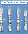 Front view of 4-piece chrome-plated hydraulic hose repair fittings set for 1/2", 3/8" (two), and 1/4" inner diameters.