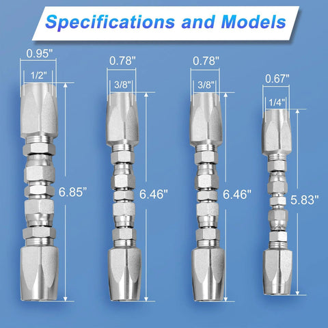 Front view of 4-piece chrome-plated hydraulic hose repair fittings set for 1/2", 3/8" (two), and 1/4" inner diameters.