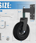 6-inch Beefy Heavy Duty Gate Wheels For Metal Tube Gates with shock absorbing springs, dimensions and components shown.