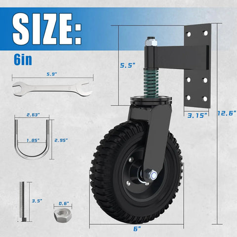6-inch Beefy Heavy Duty Gate Wheels For Metal Tube Gates with shock absorbing springs, dimensions and components shown.