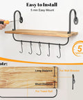 Legit Pine Wood Floating Wall Shelves With Ten Adjustable Mug Hooks For Your Best Coffee Bar Setup Yet Rustic Industrial Brackets and Heavy Duty Storage Rack Totally Kick Up Your Kitchen Or Bathroom Walls, showing installation detail.