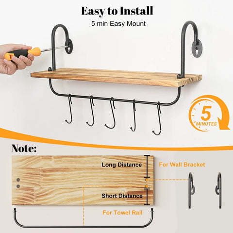 Legit Pine Wood Floating Wall Shelves With Ten Adjustable Mug Hooks For Your Best Coffee Bar Setup Yet Rustic Industrial Brackets and Heavy Duty Storage Rack Totally Kick Up Your Kitchen Or Bathroom Walls, showing installation detail.