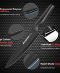 Illustration of features for kitchen knife with ergonomic polymer handle, high carbon stainless steel blade, anti-rust coating, razor-sharp edge.