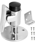 Marine Grade Stainless Steel 316 Boat Door Stopper With Rubber Tip Bumper And Spring Loaded Latch Door Holder For Yachts RVs Motorhomes Campers Marine Hardware Set With Fastener shown from front view with base and screws
