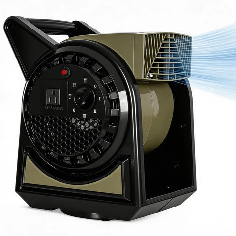 Beast High Velocity 450 CFM Fan With 3 Speed Settings 120V Air Mover, black and beige unit, side view showing airflow and control panel