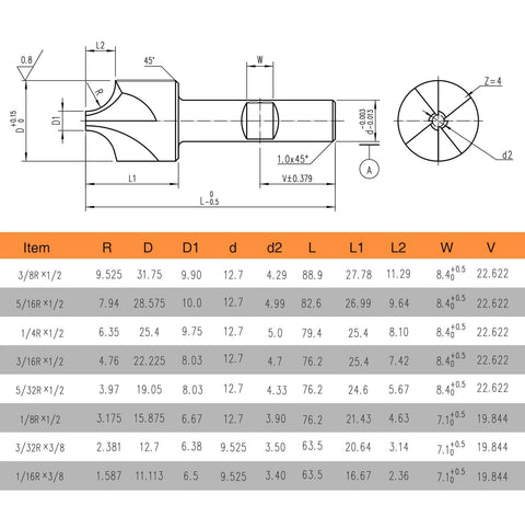 Side view technical drawing of Jerax tools corner rounding end mill set, HSS, 8 pcs, 1/16-3/8 in.