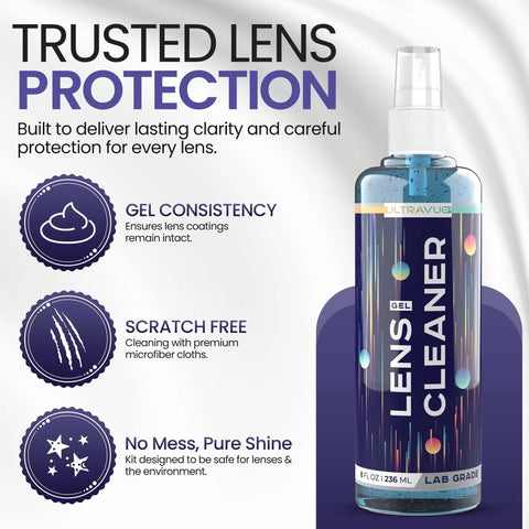 ULTRAVUE eyeglass gel cleaner spray bottle with spray nozzle, blue bottle labeled Lens Cleaner Gel