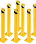 Rock Solid Heavy Duty Steel Safety Bollards 36 Inch Yellow Parking Posts showing a set of eight with black markings on top.