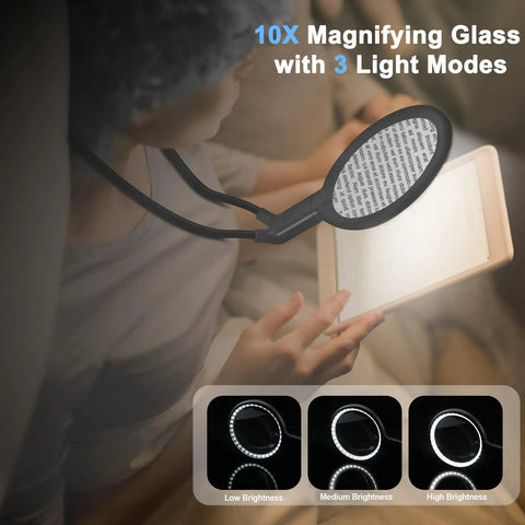 Hands Free Neck Magnifier With Light 10X 5.2 Inch Loupe, 36 LED Brightness Levels, Flexible Gooseneck used for reading