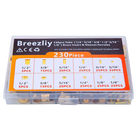 Breezliy brass compression fittings kit in plastic case, 230 pieces, 6 sizes (1/8–1/2 in) with sleeves and inserts