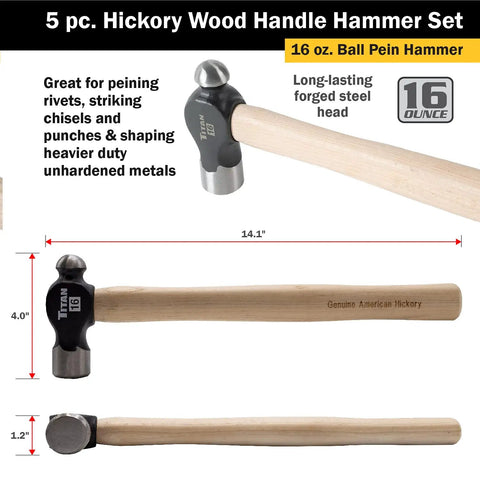 Image of 16oz ball pein hammer from 5-Piece Hammer Set With American Hickory Handles And Forged Steel Heads, detail view.
