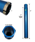Blue 2-inch diamond core drill bit for wet drilling; laser-welded, 15" drilling depth, 1-1/4"-7 UNC arbor