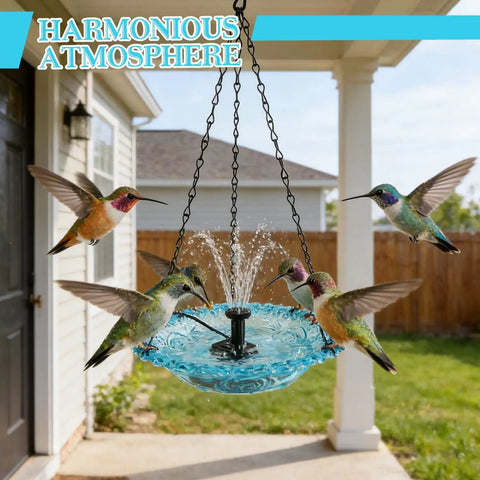 Hanging Bird Bath Fountain With Glass Bowl, USB Powered Cascading Water Feature attracting hummingbirds in a garden.