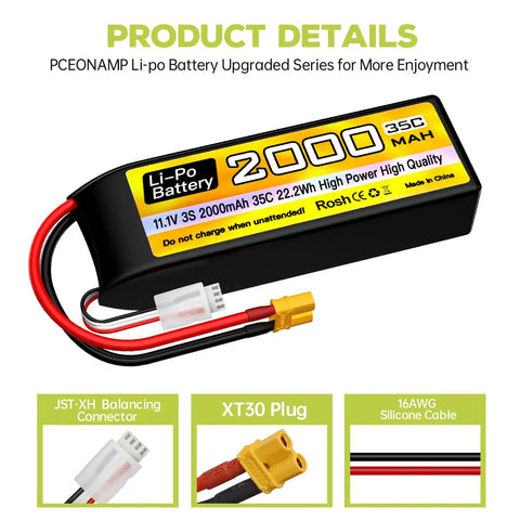 3S Lipo Battery 11V 2000mAh 35C with XT30 Plug and USB Charging Cable, JST-XH Connector, 16AWG Silicone Cable