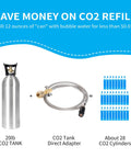 Universal CO2 Tank Adapter For Soda Makers With 60 Inch Stainless Steel Hose Pressure Gauge And Exhaust Valve shown with CO2 tank and cylinders.