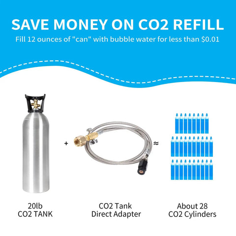 Universal CO2 Tank Adapter For Soda Makers With 60 Inch Stainless Steel Hose Pressure Gauge And Exhaust Valve shown with CO2 tank and cylinders.