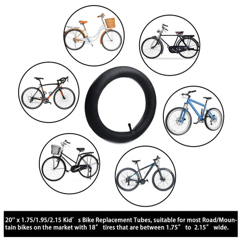 Two Pack 20 Inch Bike Inner Tubes for 1.75 to 2.15 Inch Tires with Full Repair Kit shown with various bike types
