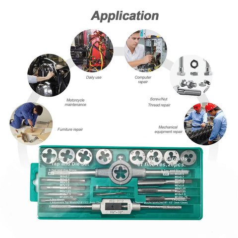 Pro Grade Metric Tap And Die Set With Taps M3 Through M12 And Matching Dies Includes Wrench Handle And Sturdy Storage Box for threading