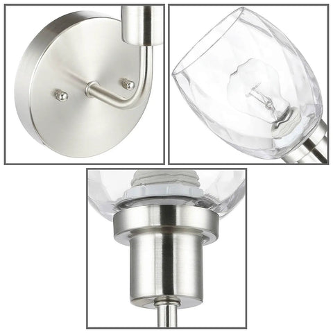 Close-up of Two Light Bathroom Vanity Light showing brushed nickel wall mount and clear glass shade.