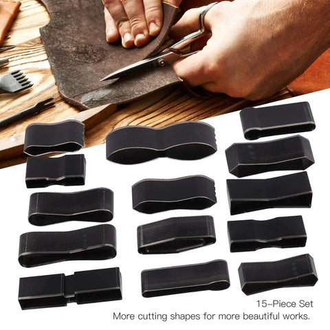 Pro Grade 15 Pcs Leather Cutting Dies Set With Hole Hollow Cutter Tools For DIY Leather Crafting And Fabric Projects Heavy Duty Metal Punch Kit For Leatherware Clay Rubber Plastic And More, showing metal dies and cutting leather.