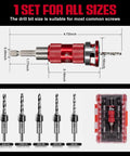 Tough As Nails TCT Alloy Countersink Drill Bit Set With Adjustable Depth Stop Collar dimensions and drill bit sizes displayed.