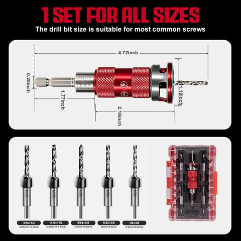 Tough As Nails TCT Alloy Countersink Drill Bit Set With Adjustable Depth Stop Collar dimensions and drill bit sizes displayed.