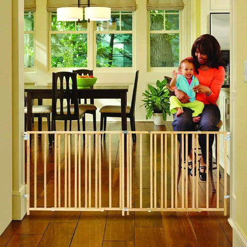 Extra Wide Swing Wooden Baby Gate For Large Openings, Adjustable From 60 To 103 Inches, shown in use with mother and child