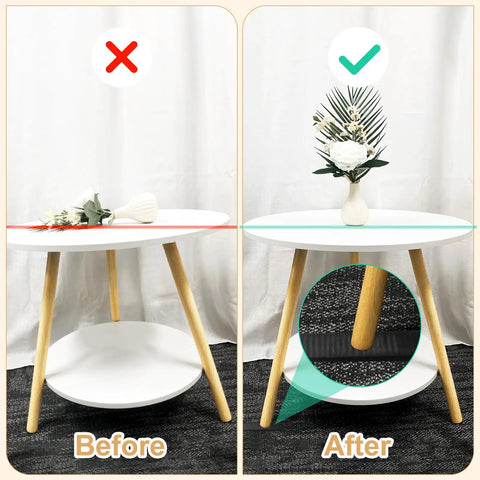 Before and after using 24 Pack Composite Leveling Shims And Wedges, 7.87 Inch Black Plastic Shims for leveling a wobbly table.
