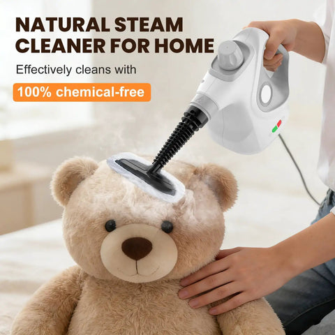 Powerful Portable Handheld Steamer Shooting Scalding Vapor To Wreck Stubborn Pan Grease And Baked On Filth On Tile Linoleum And Fabric Seats With 14 Heavy Duty Tools For No Sweat Scrubbing And Spotless Shine, cleaning a teddy bear head.