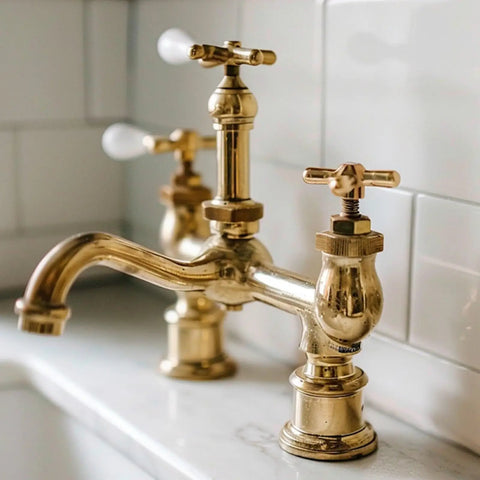Brass faucet with dual handles on marble sink, ideal for No Brainer Do It Yourself Quick Connect Float Adapter Repair Kit For Plumbing Maintenance 17VB Replacement For Leaky Sinks And Faucets Durable Steel Build With Erosion Resistant Coating For Coastal Humid Environments.