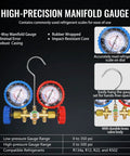VTG VOGTEN manifold gauge set with blue and red gauges, brass valve body, hanging hook for HVAC service