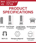 Product specifications for Subaru M12 Wheel Lug Studs And Lug Nuts Kit 5 Pack Drop In Replacement, dimensions and thread details.