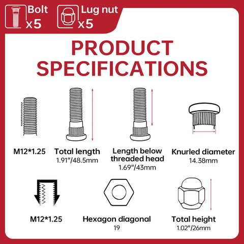 Product specifications for Subaru M12 Wheel Lug Studs And Lug Nuts Kit 5 Pack Drop In Replacement, dimensions and thread details.