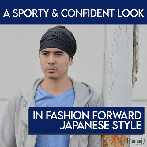 Man wearing No Slip Sweat Wicking Headband For Men Japanese Style Bandana Black Size M Elastic Fit For Active Movement And Daily Wear