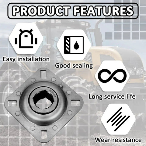 Relubricable One And One Eighth Inch Square Bore Disc Harrow Flange Bearing Unit, features and icons, farm backdrop