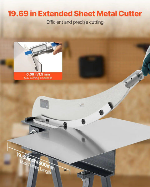 19.69-inch extended sheet metal cutter in use, showcasing blade and metal sheet, part of 20 Inch Guillotine Shear Benchtop Cutter Manual Plate Shear For Metal Sheet Processing Pro Grade Heavy Duty Stand Included For Aluminum Steel Copper Plastic And PCB Boards.