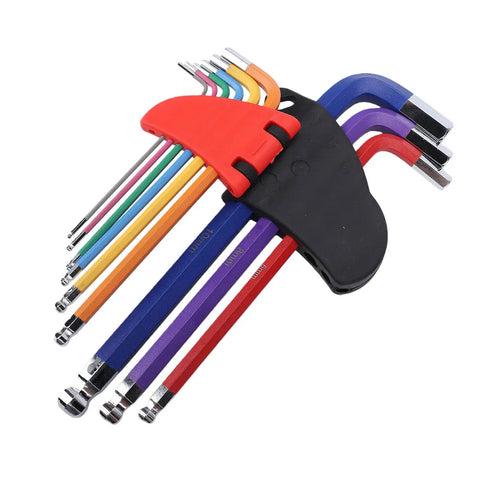 Awesome 9-Piece Colored Metric Hex Key Set With Ball End Wrenches Made From Hardened Crv And S2 Steel Perfect For Bike Repair Furniture Building And Electrical Fixes With Non Slip Grip And Super Durable Color Coded Design, 9-piece hex key set