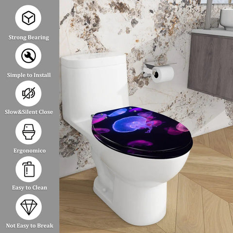 Elongated Toilet Seat Resin Quiet Close for Bathroom with jellyfish design on a white toilet in modern bathroom.