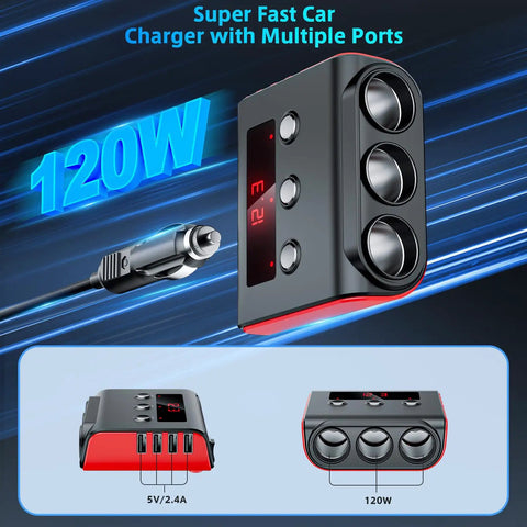 Slick Heavy Duty 7 In 1 Cigarette Lighter Splitter With 3 Independent 12V 24V Socket Outlets And 4 Fast Charge Usb Ports LED Voltage Monitor Built Tough For Trucks RV And Cars displayed with three sockets and four USB ports
