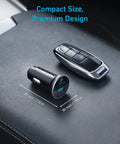 52.5W USB-C Car Charger Adapter With 30W PowerIQ 3.0 Fast Charging next to a car key on vehicle console