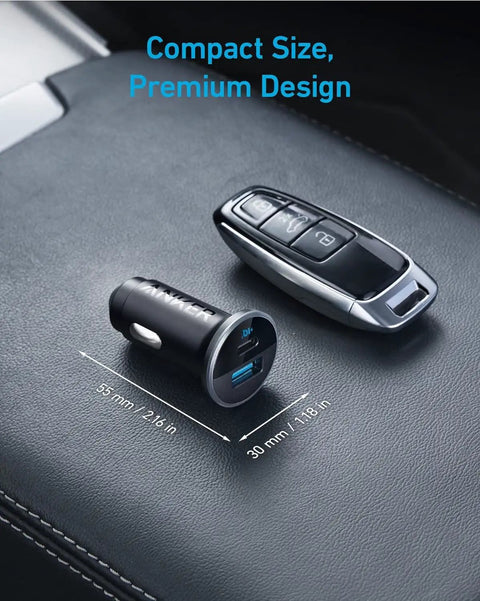 52.5W USB-C Car Charger Adapter With 30W PowerIQ 3.0 Fast Charging next to a car key on vehicle console
