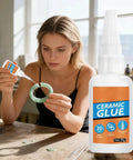 Woman using Fast Drying Ceramic Glue Adhesive For Porcelain And Tile Repairs, Quick Fix Bonding Solution For DIY projects.
