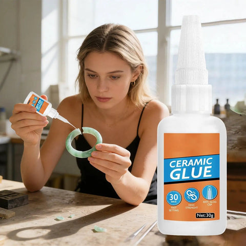 Woman using Fast Drying Ceramic Glue Adhesive For Porcelain And Tile Repairs, Quick Fix Bonding Solution For DIY projects.