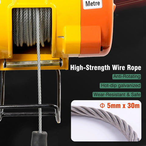 High-strength wire rope of 1100 Lbs Electric Hoist Winch, 1500W Portable Power Crane with 30m length for heavy lifting.