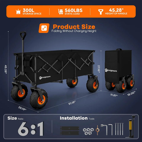 All Terrain Beach Wagon With 4 Oversized 10 Inch Balloon Tires 560 Lb Weight Capacity Foldable Heavy Duty Cart Black