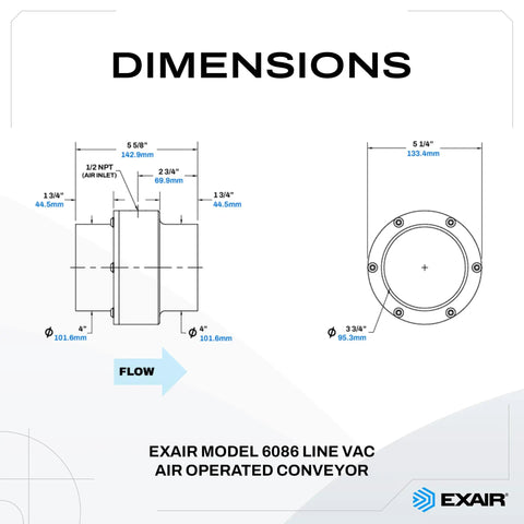 EXAIR Model 6086 dimensions for No Hassle Industrial Line Vac Pump Moves Scrap Parts And Bulk Material Fast With Straight 4 Inch Hose Connection High Output Pneumatic Vacuum Generator Quick Plug And Play Setup.