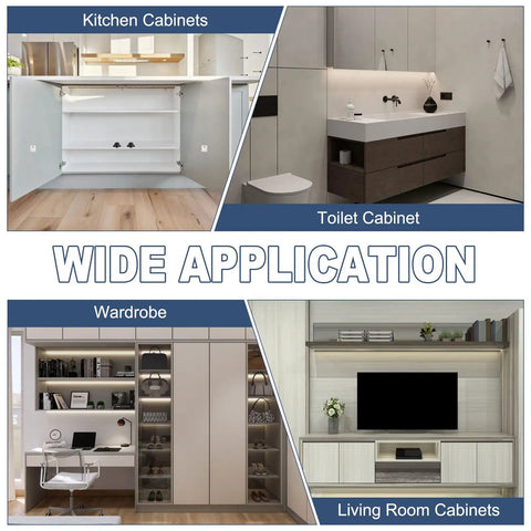 Wide application of the Eight Pack Magnetic Push Latches Set for cabinets and drawers in kitchen, wardrobe, living room, and toilet cabinets.
