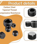 Rugged 29 Piece Pipe Plug Fitting Set Black Carbon Steel For 1/8 1/4 3/8 1/2 3/4 NPT, threaded plug details shown
