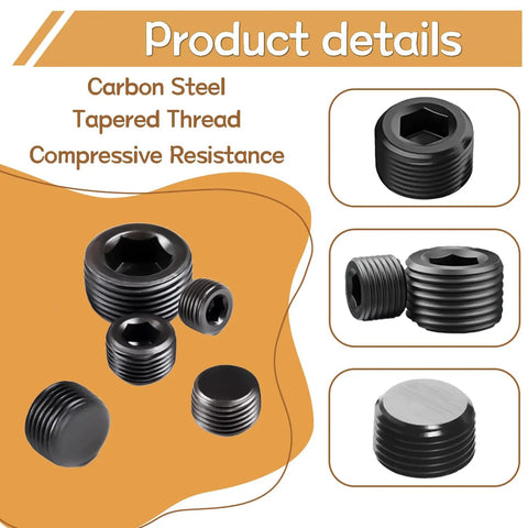 Rugged 29 Piece Pipe Plug Fitting Set Black Carbon Steel For 1/8 1/4 3/8 1/2 3/4 NPT, threaded plug details shown